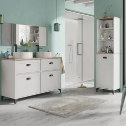 Garnero Arredamenti Mobile bagno a terra 120cm con doppio lavabo e colonna shabby bianco rovere Ilias New