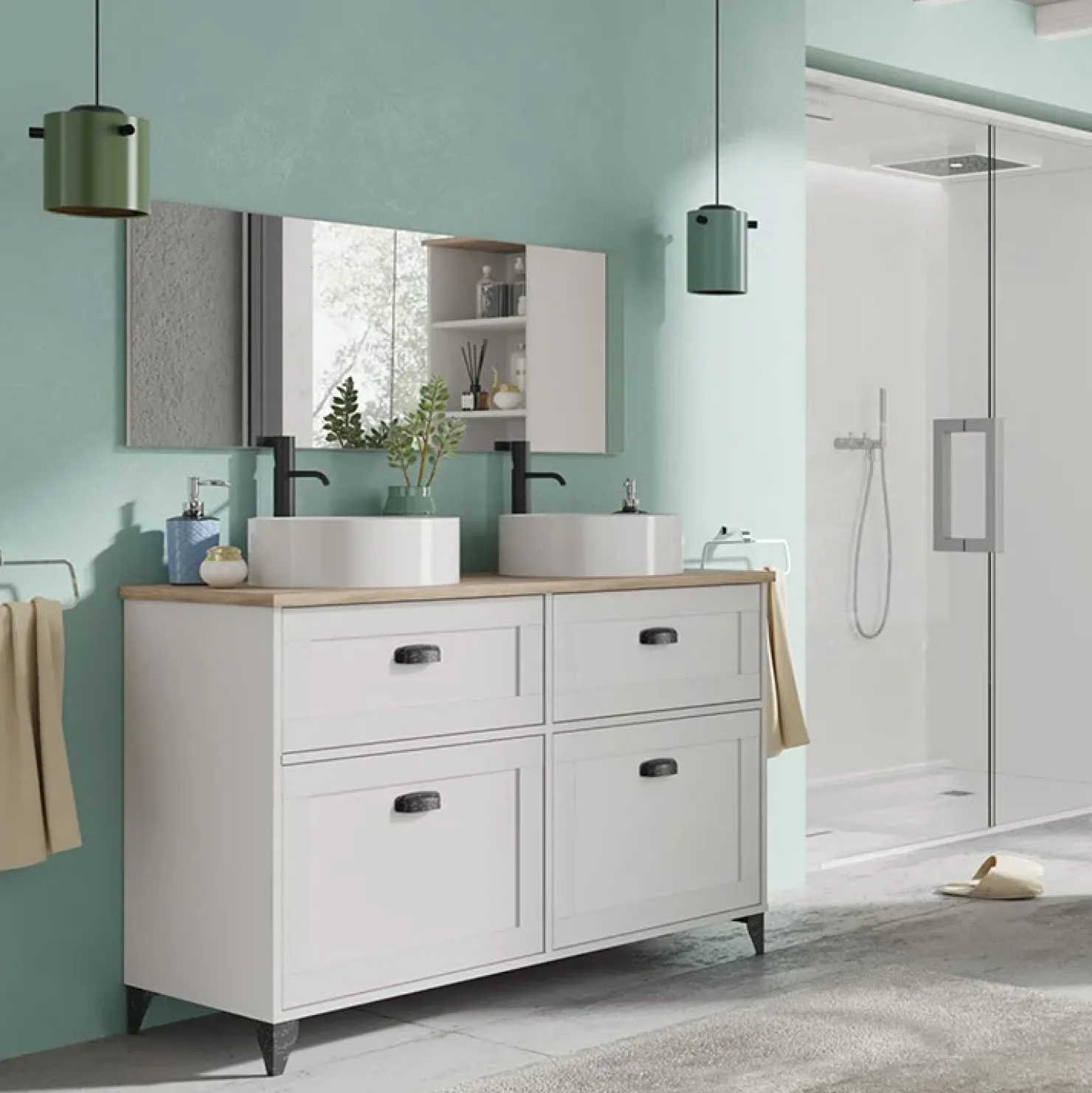 Garnero Arredamenti Mobile bagno a terra 120cm con doppio lavabo e colonna shabby bianco rovere Ilias New