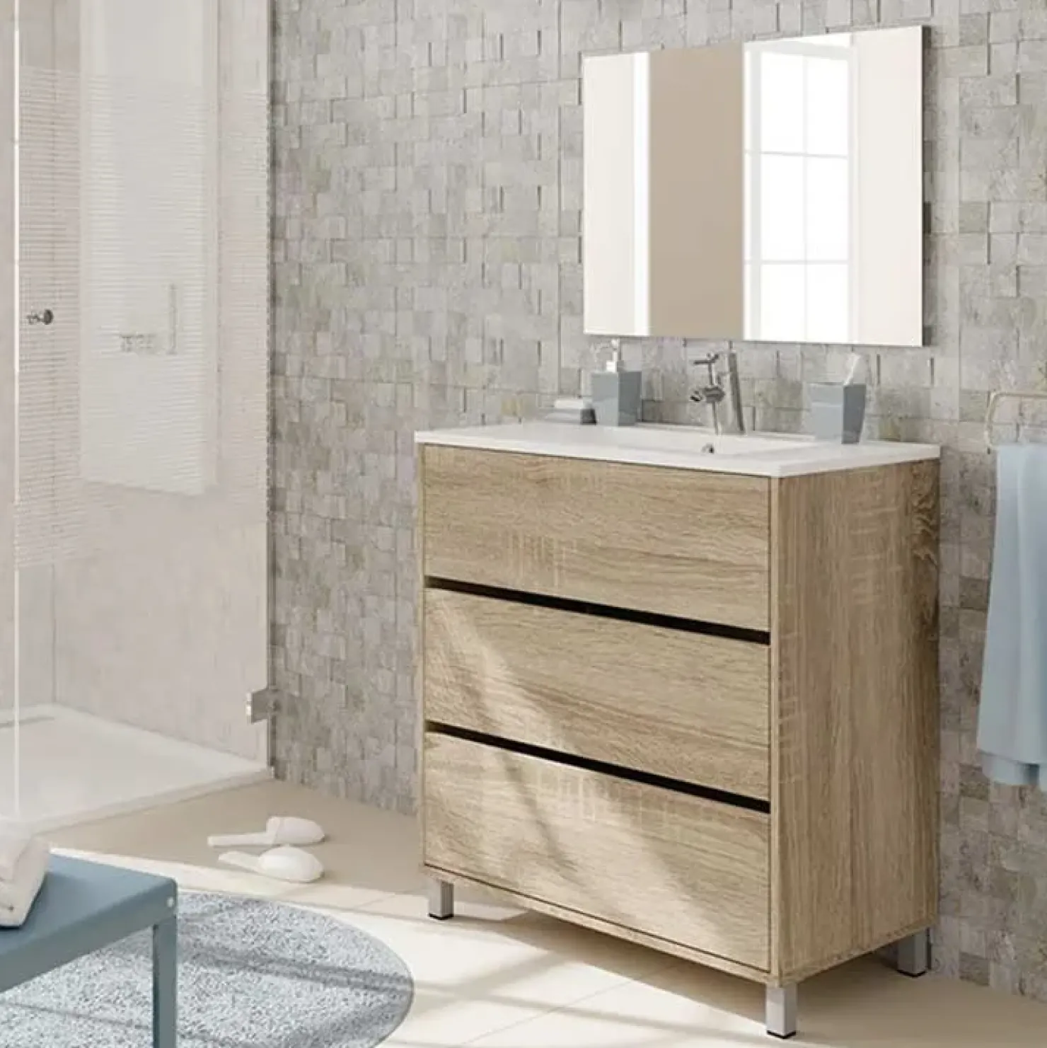 Garnero Arredamenti Mobile bagno a terra 82cm con lavabo e specchio 3 cassetti Shutter Rovere New