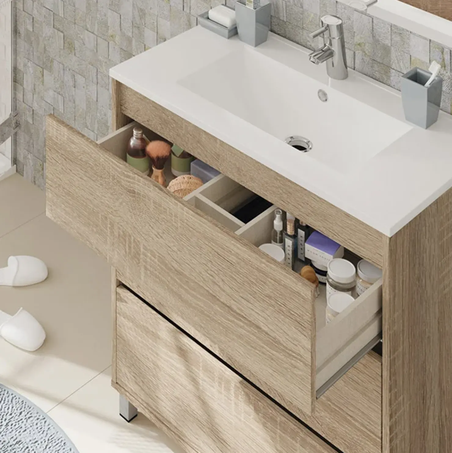 Garnero Arredamenti Mobile bagno a terra 82cm con lavabo e specchio 3 cassetti Shutter Rovere New