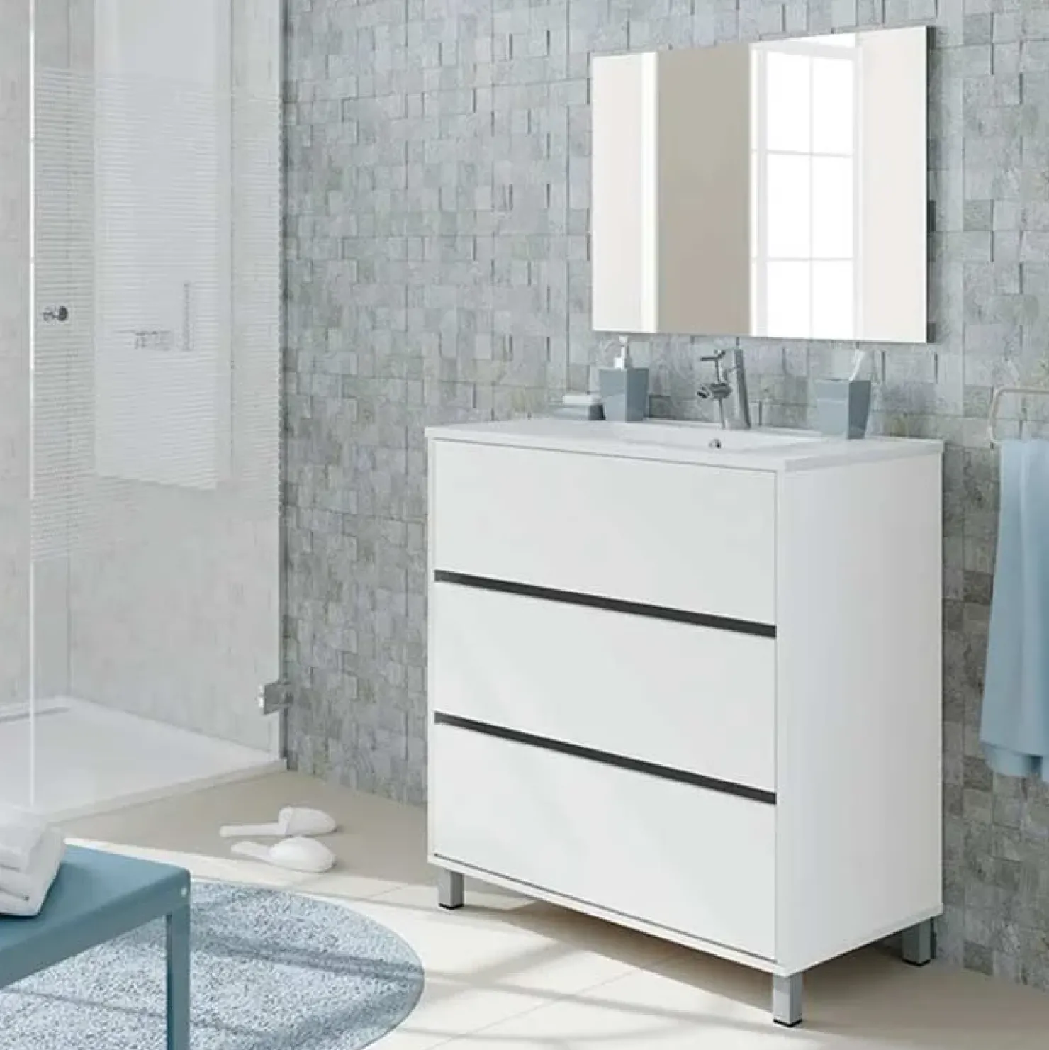 Garnero Arredamenti Mobile bagno a terra 82cm con lavabo e specchio 3 cassetti Shutter Bianco Opaco Hot