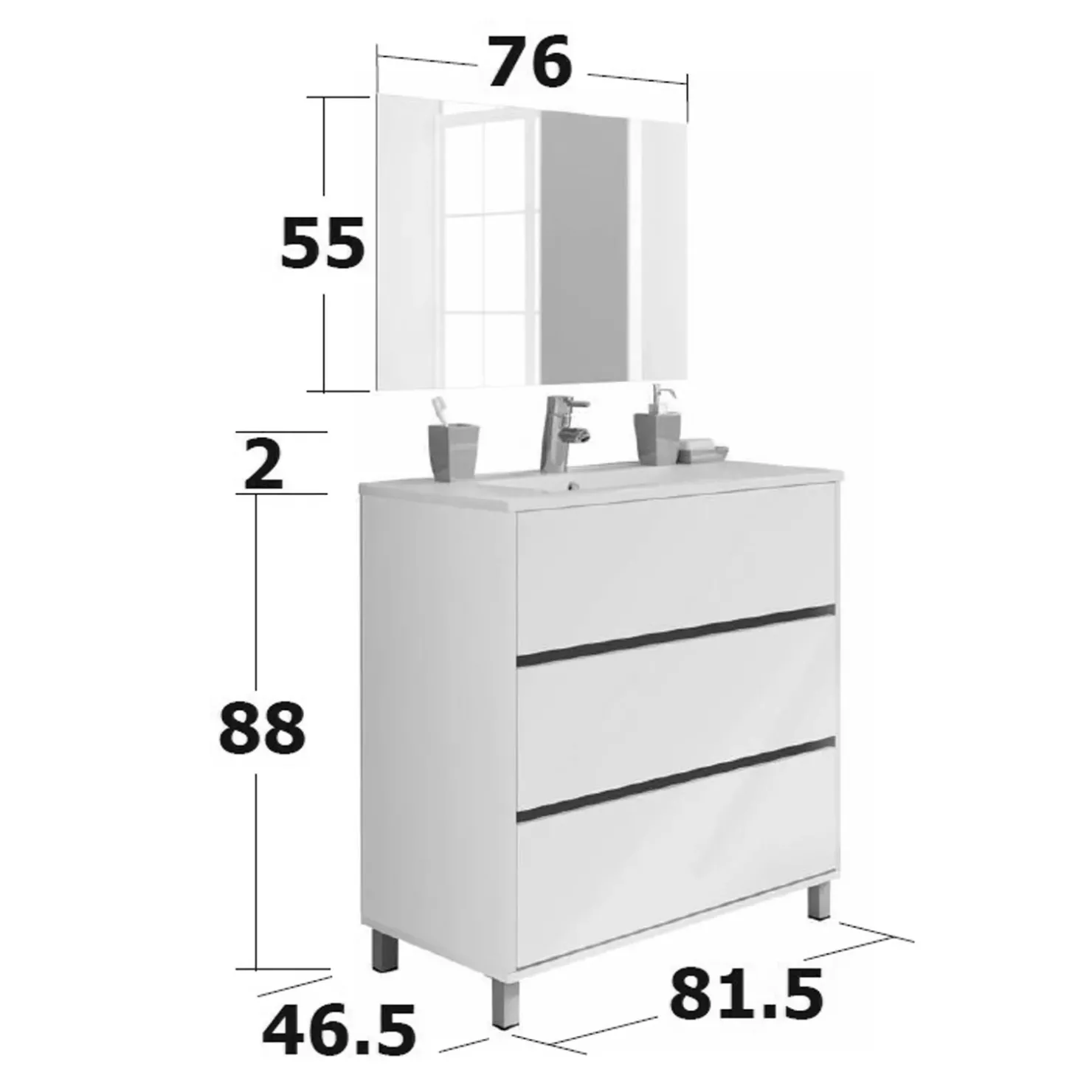 Garnero Arredamenti Mobile bagno a terra 82cm con lavabo e specchio 3 cassetti Shutter Bianco Opaco Hot