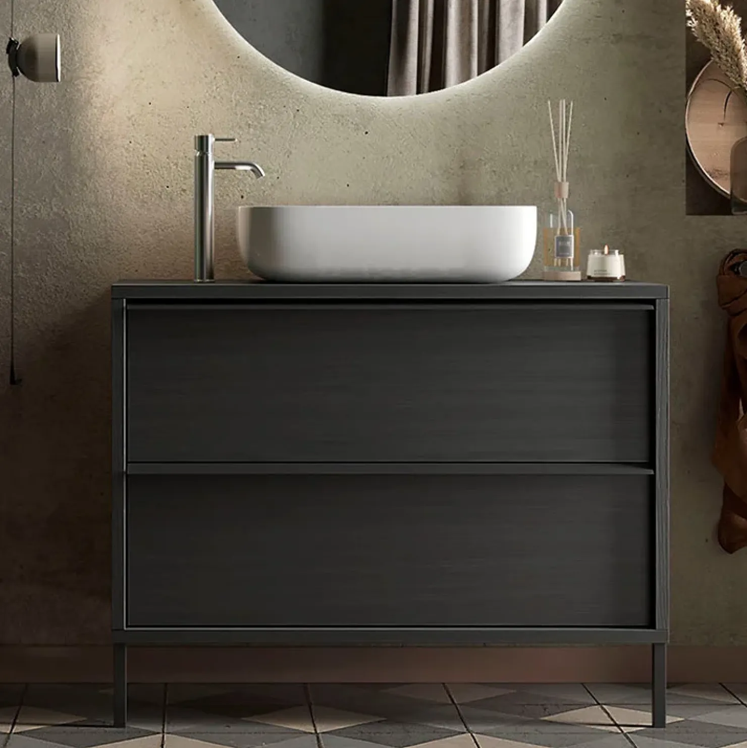Garnero Arredamenti Mobile bagno a terra 92cm con lavabo e specchio nero frassinato Absolut Discount