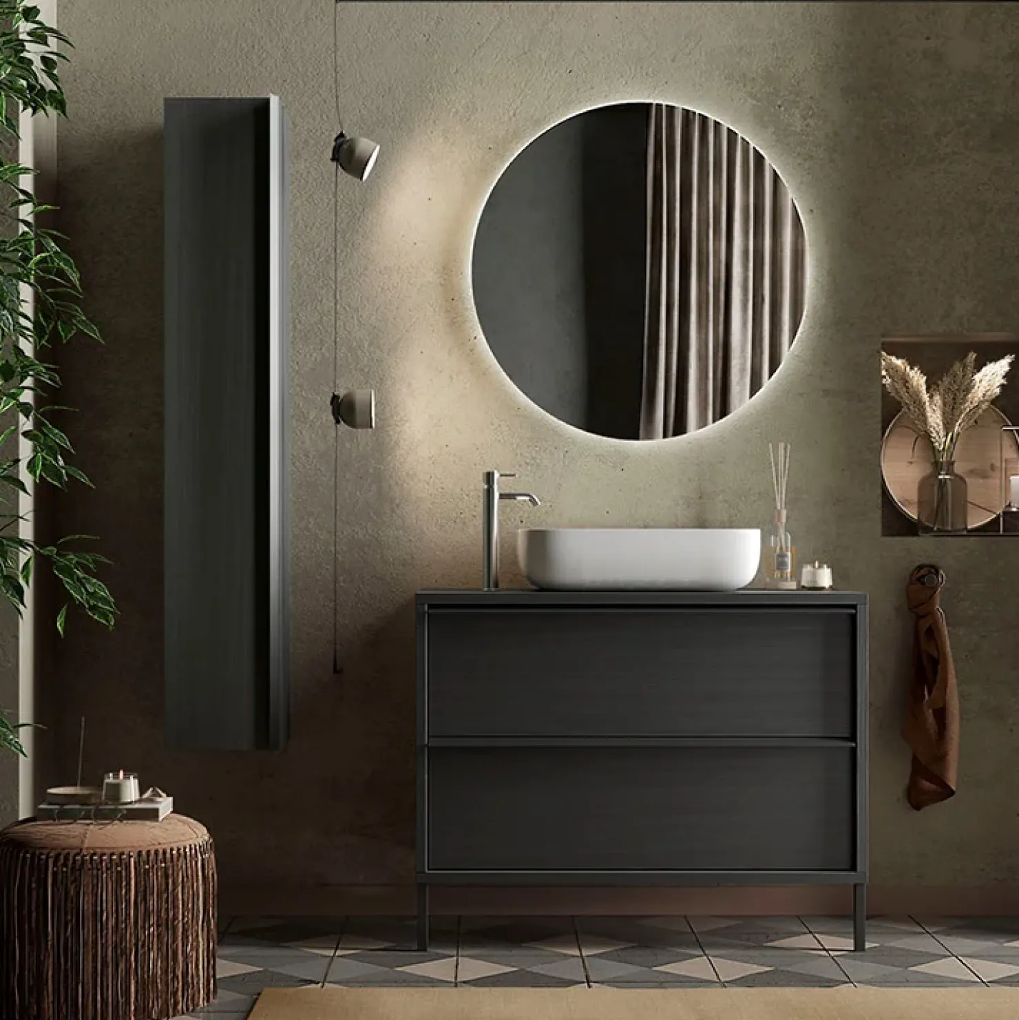 Garnero Arredamenti Mobile bagno a terra 92cm con lavabo e specchio nero frassinato Absolut Discount