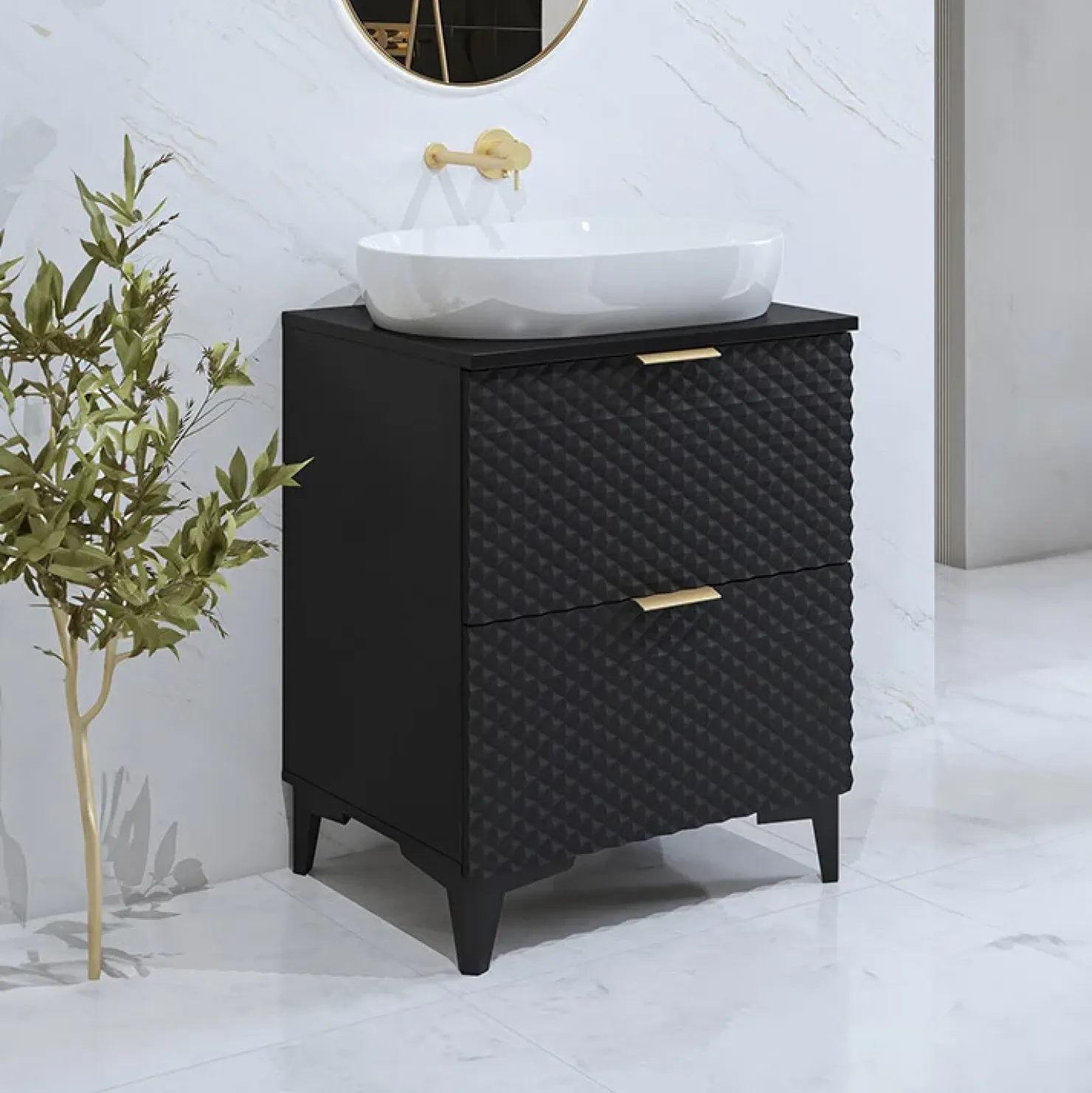 Garnero Arredamenti Mobile bagno a terra 61cm con colonna nero frontali decorati Konny Nero Lucido - Nero opaco Best