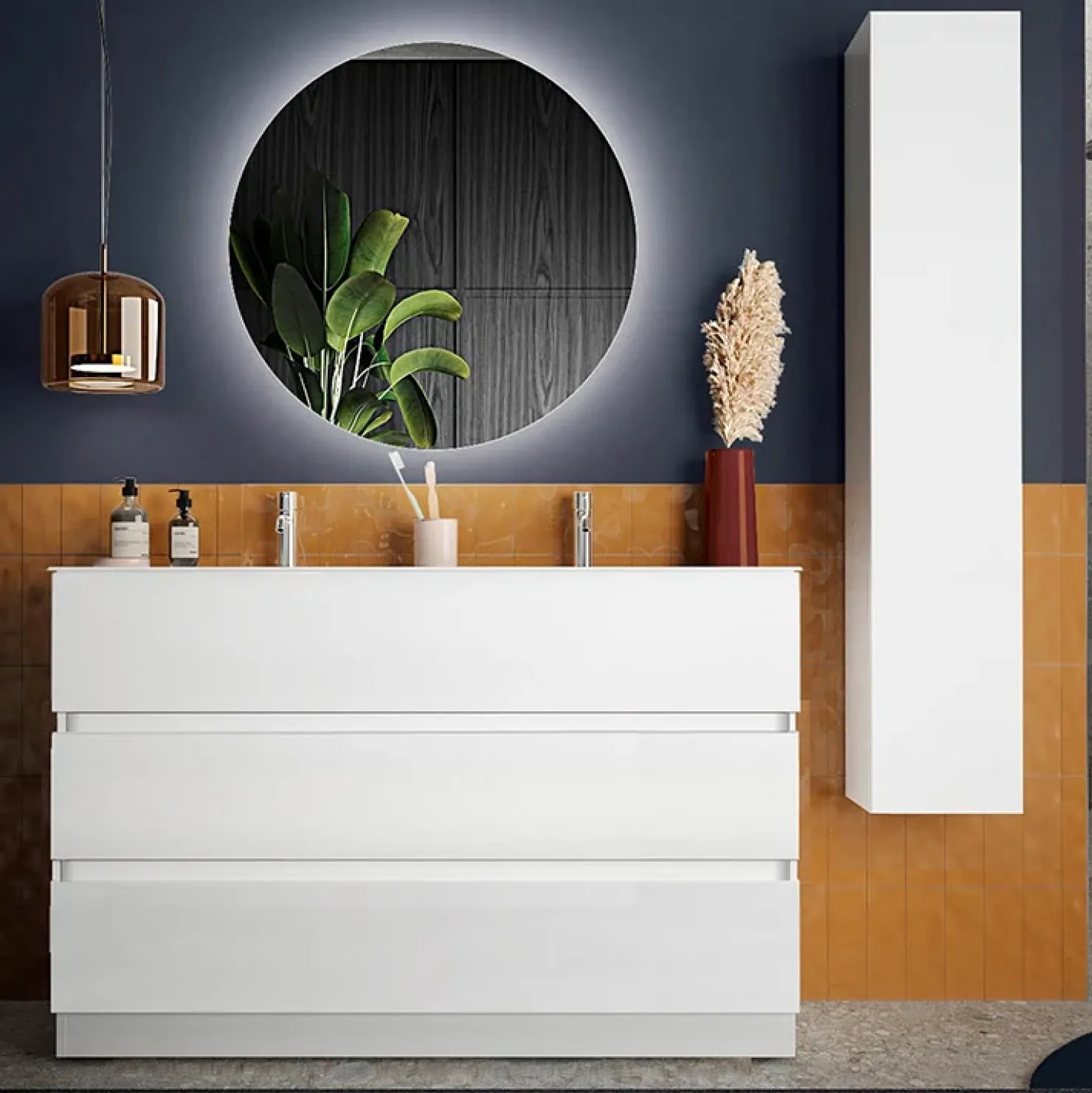 Garnero Arredamenti Mobile bagno a terra 120cm con doppio lavabo e specchio bianco lucido Moon Sale