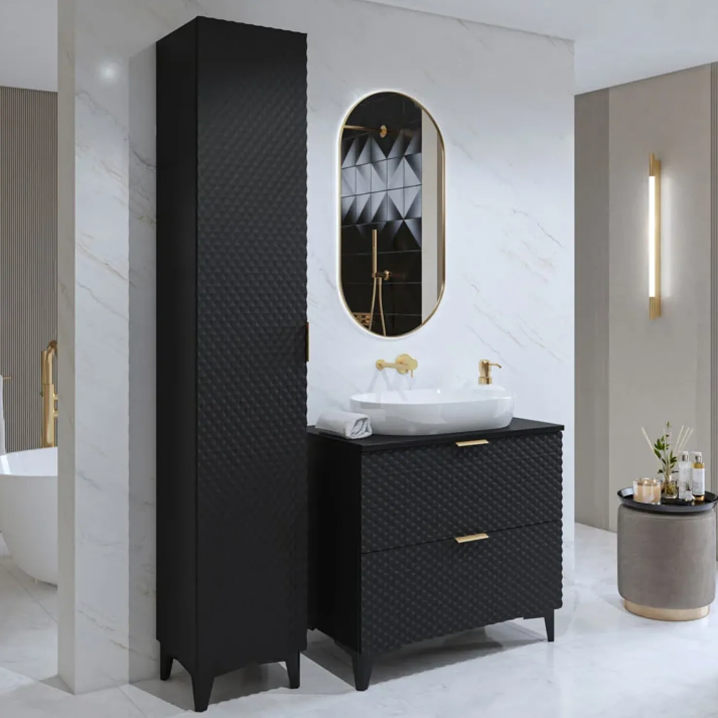 Garnero Arredamenti Mobile bagno a terra 81cm con colonna nero frontali decorati Konny Nero Lucido - Nero opaco Hot