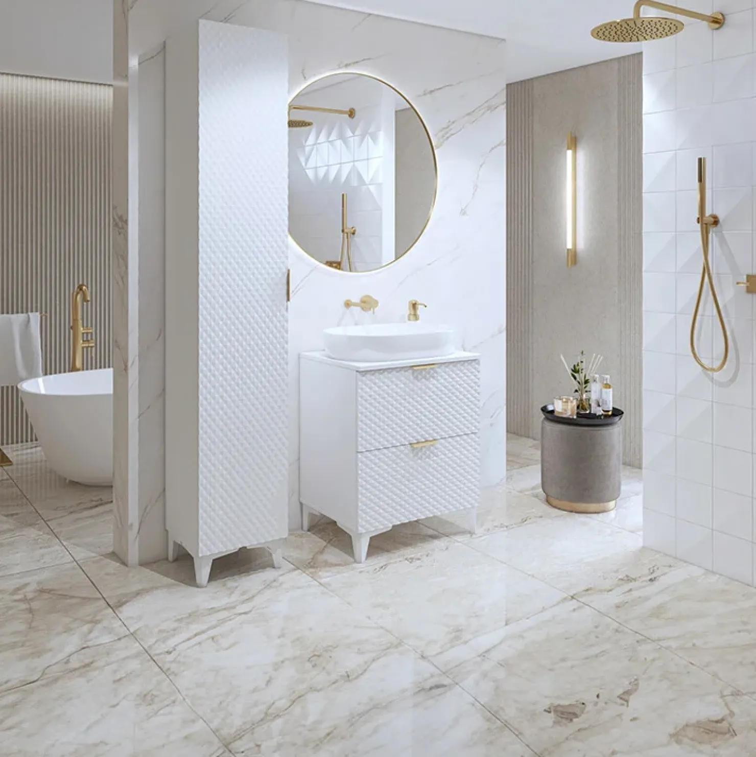 Garnero Arredamenti Mobile bagno a terra 61cm con colonna bianco frontali decorati Konny Bianco Lucido - Bianco opaco Hot