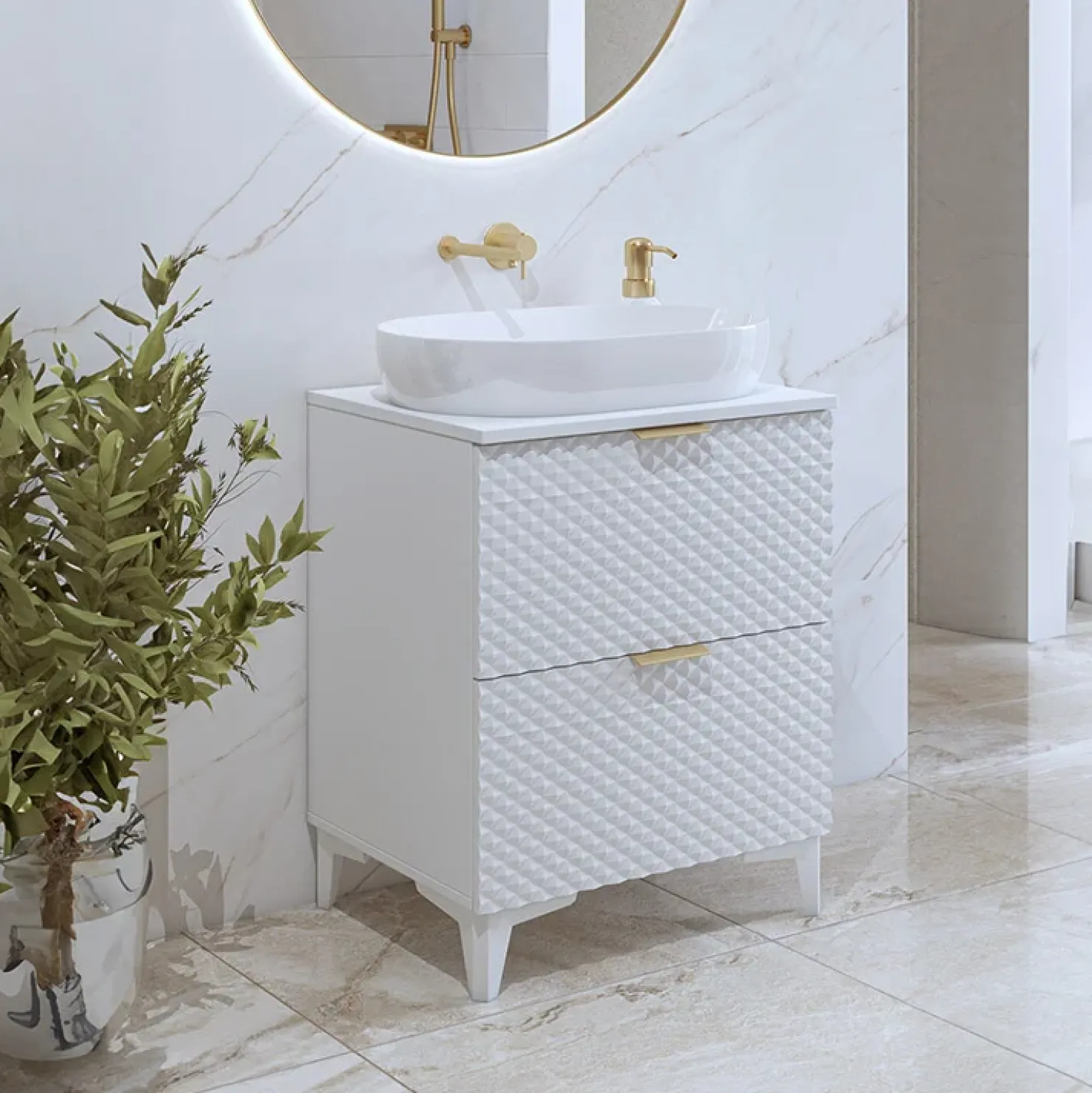 Garnero Arredamenti Mobile bagno a terra 61cm con colonna bianco frontali decorati Konny Bianco Lucido - Bianco opaco Hot