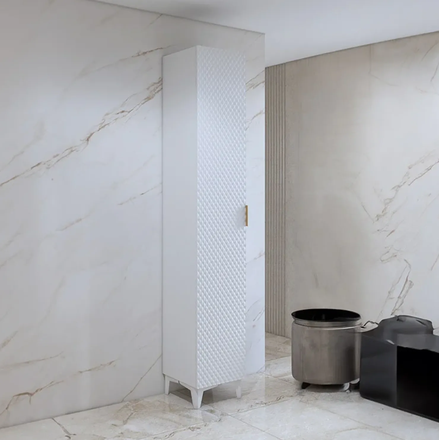Garnero Arredamenti Mobile bagno a terra 61cm con colonna bianco frontali decorati Konny Bianco Lucido - Bianco opaco Hot