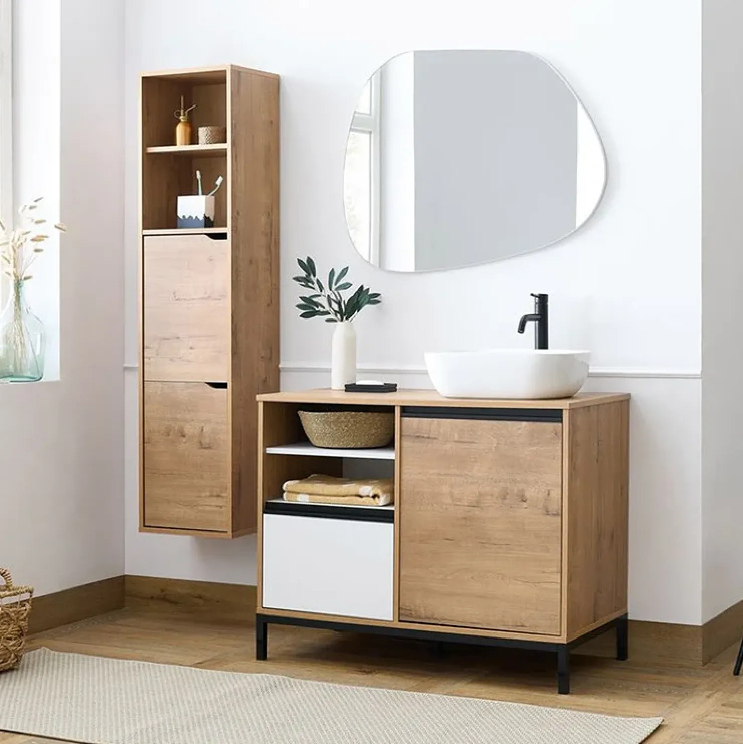 Garnero Arredamenti Mobile bagno a terra 100cm con lavabo e colonna 3 ante 1 cassetto bianco Jasmund Rovere Clearance