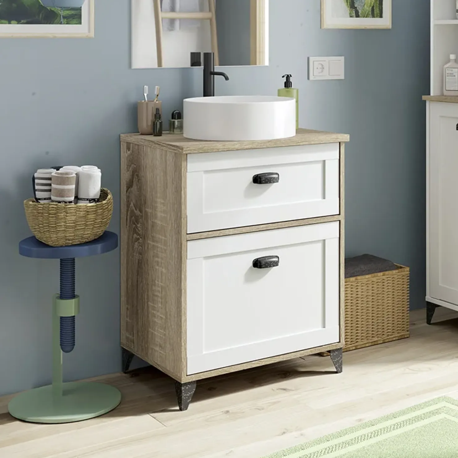 Garnero Arredamenti Mobile bagno a terra 61cm con lavabo 1 cassetto 1 anta rovere bianco Ilias Discount