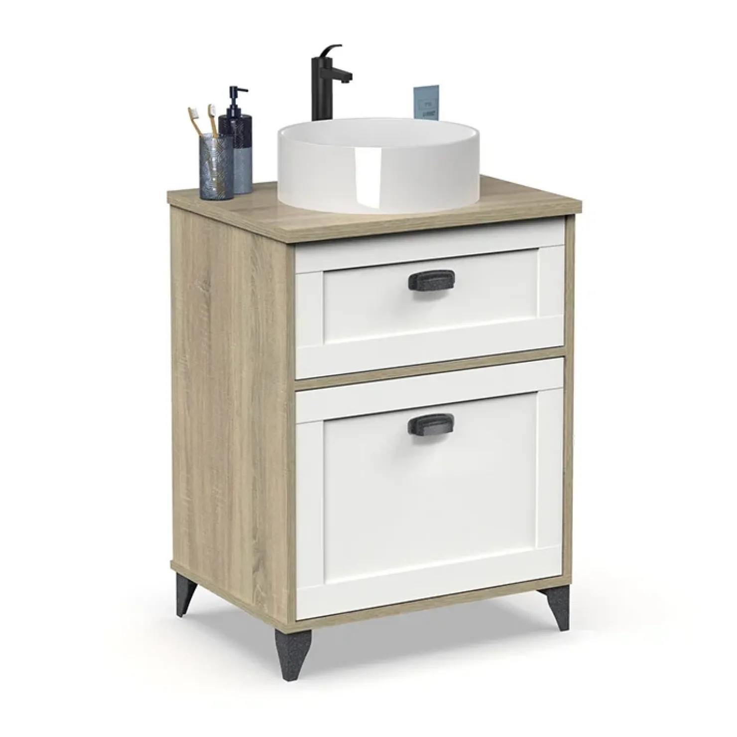 Garnero Arredamenti Mobile bagno a terra 61cm con lavabo 1 cassetto 1 anta rovere bianco Ilias Discount