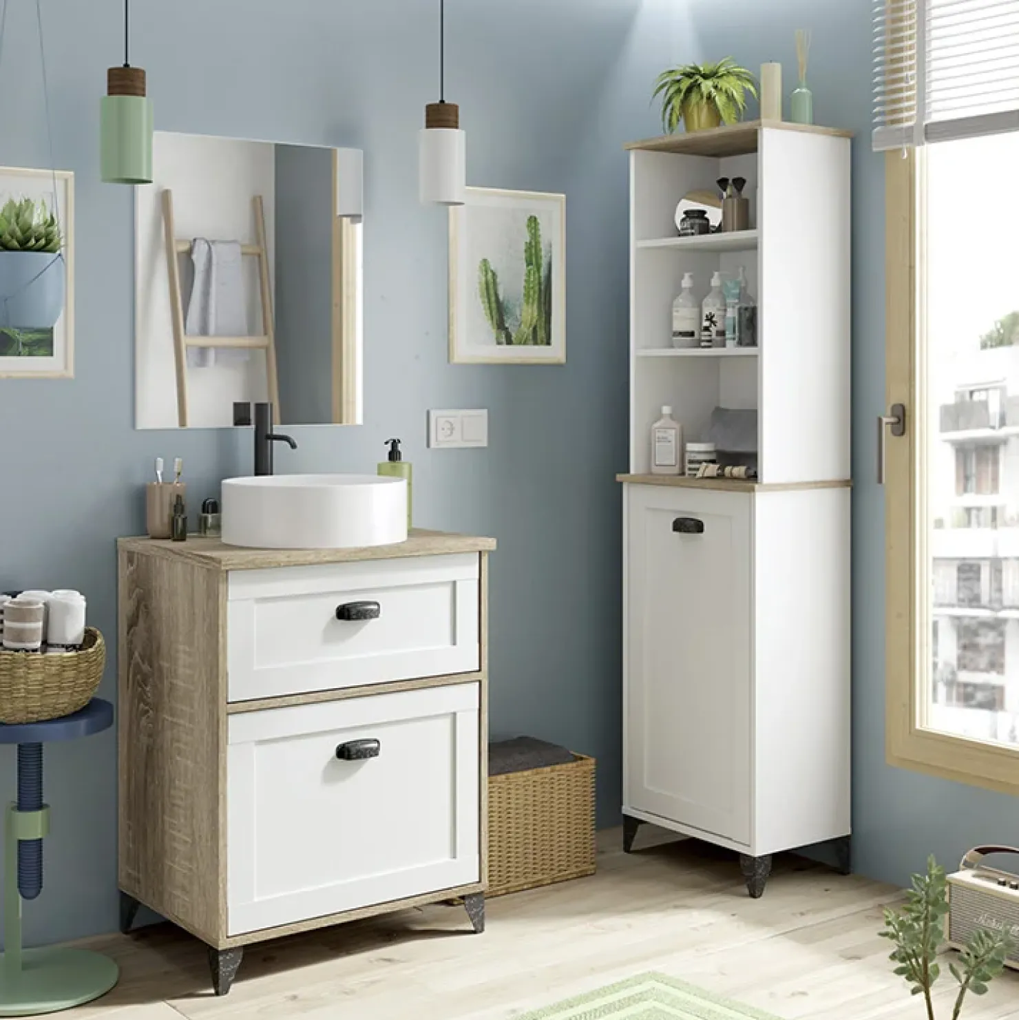 Garnero Arredamenti Mobile bagno a terra 61cm con lavabo 1 cassetto 1 anta rovere bianco Ilias Discount