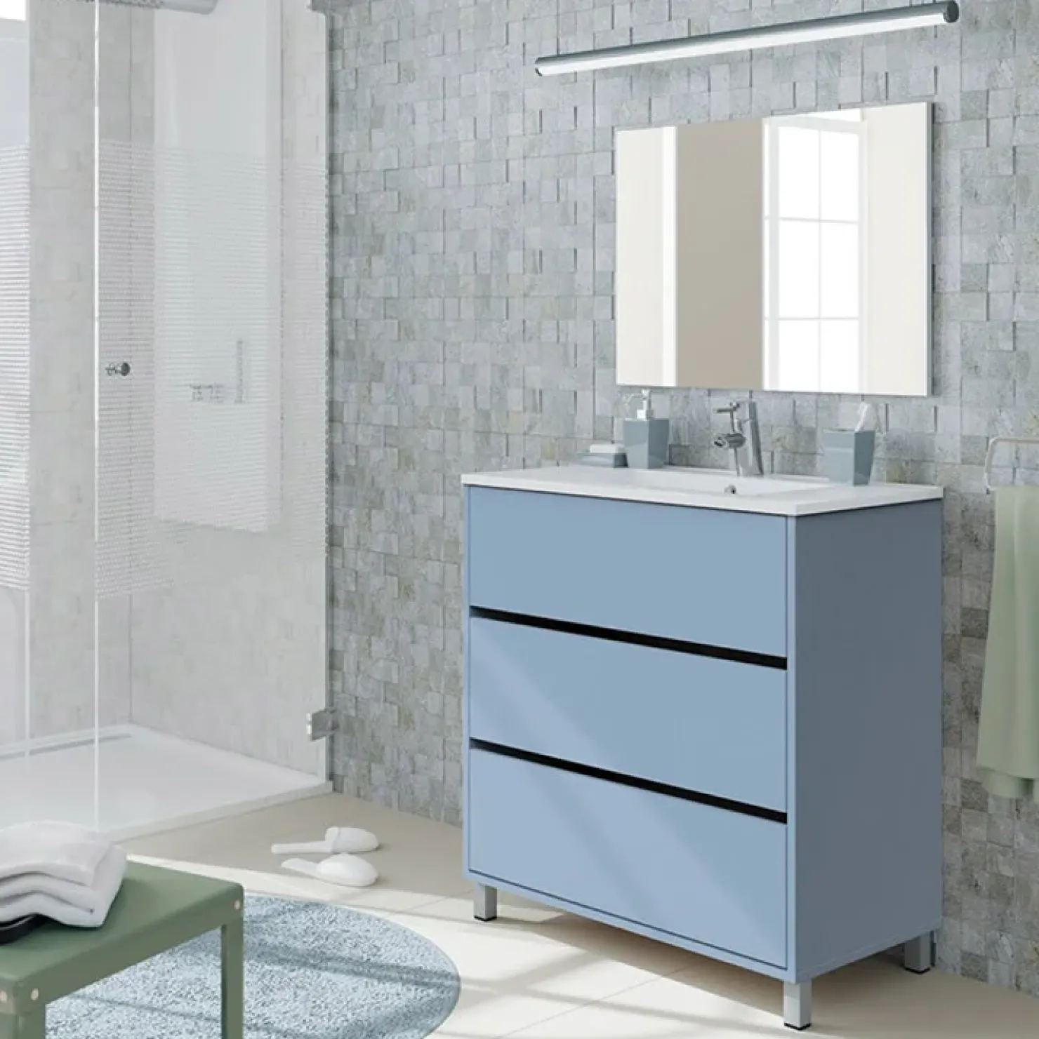 Garnero Arredamenti Mobile bagno a terra 82cm con lavabo e specchio 3 cassetti blu chiaro Shutter Azzurro Discount