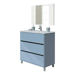 Garnero Arredamenti Mobile bagno a terra 82cm con lavabo e specchio 3 cassetti blu chiaro Shutter Azzurro Discount