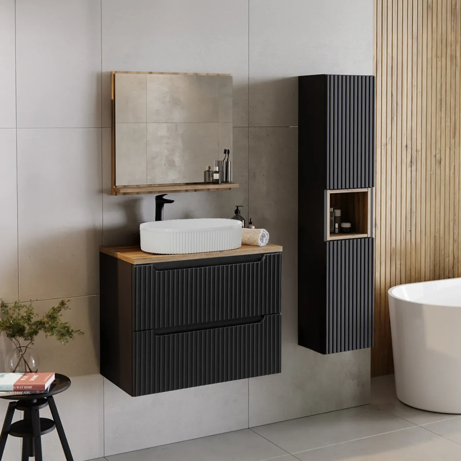 Garnero Arredamenti Mobile bagno sospeso cannettato 80cm con lavabo e colonna rovere Cleany Nero New