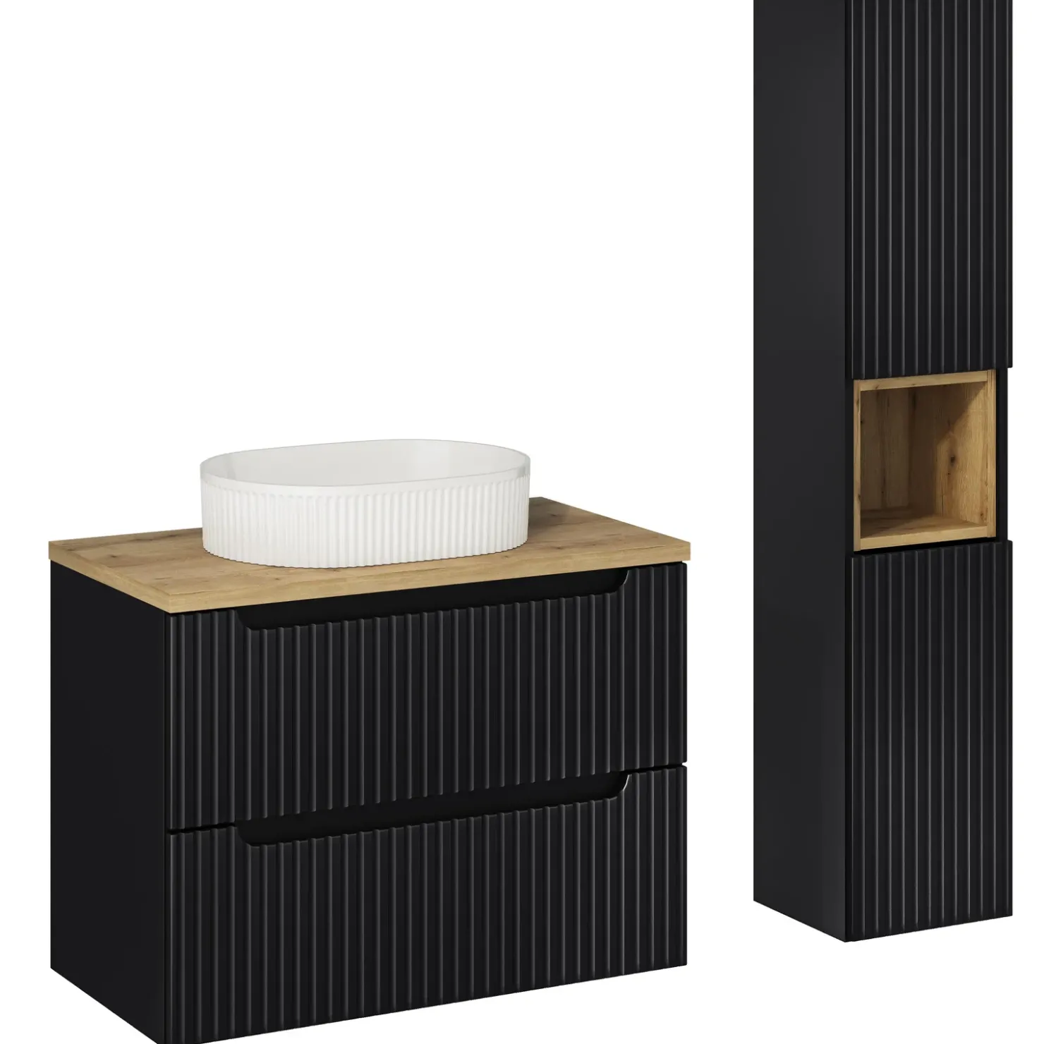 Garnero Arredamenti Mobile bagno sospeso cannettato 80cm con lavabo e colonna rovere Cleany Nero New