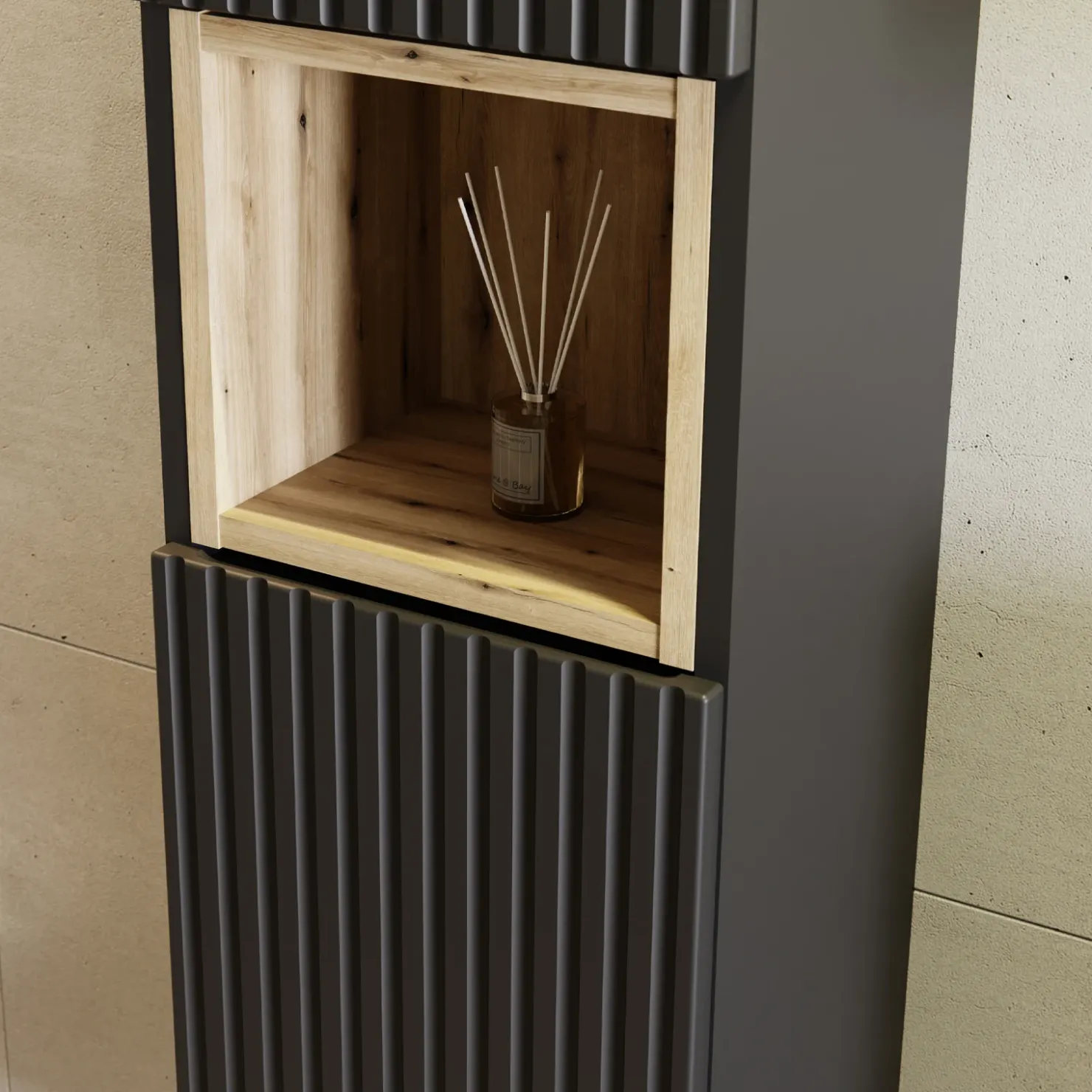 Garnero Arredamenti Mobile bagno sospeso cannettato 80cm con lavabo e colonna rovere Cleany Nero New