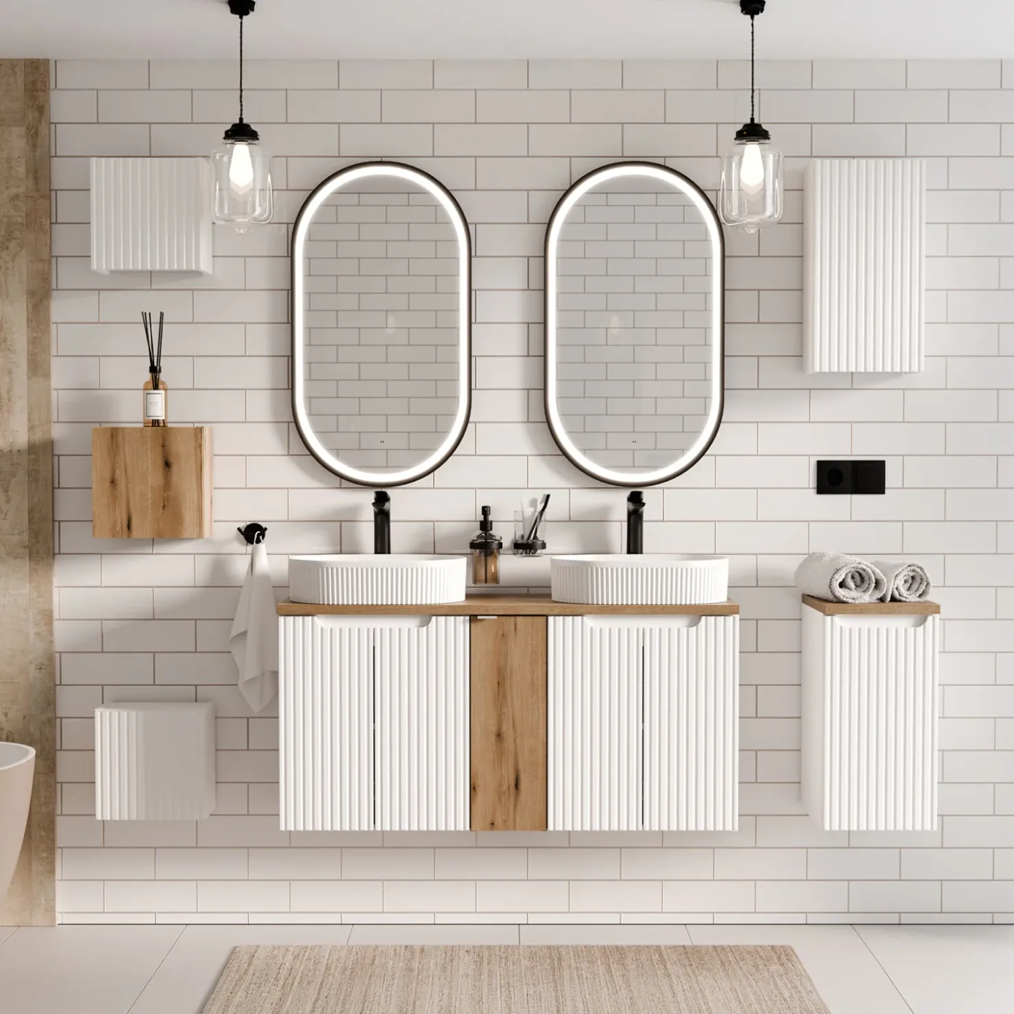 Garnero Arredamenti Mobile bagno sospeso cannettato 120cm 5 ante bianco rovere Cleany Online