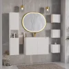 Garnero Arredamenti Mobile bagno sospeso cannettato 80cm con lavabo, colonna e 3 pensili bianco rovere Cleany