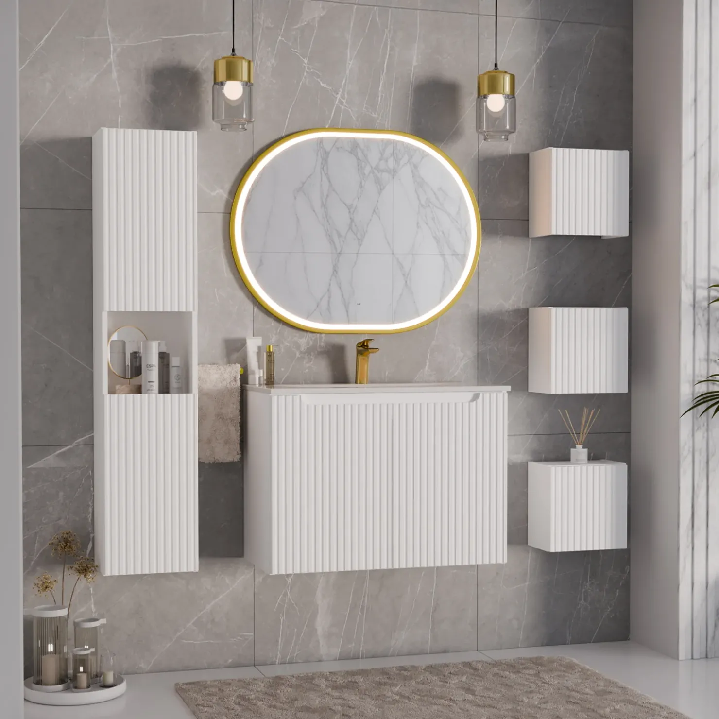 Garnero Arredamenti Mobile bagno sospeso cannettato 80cm con lavabo, colonna e 3 pensili bianco rovere Cleany