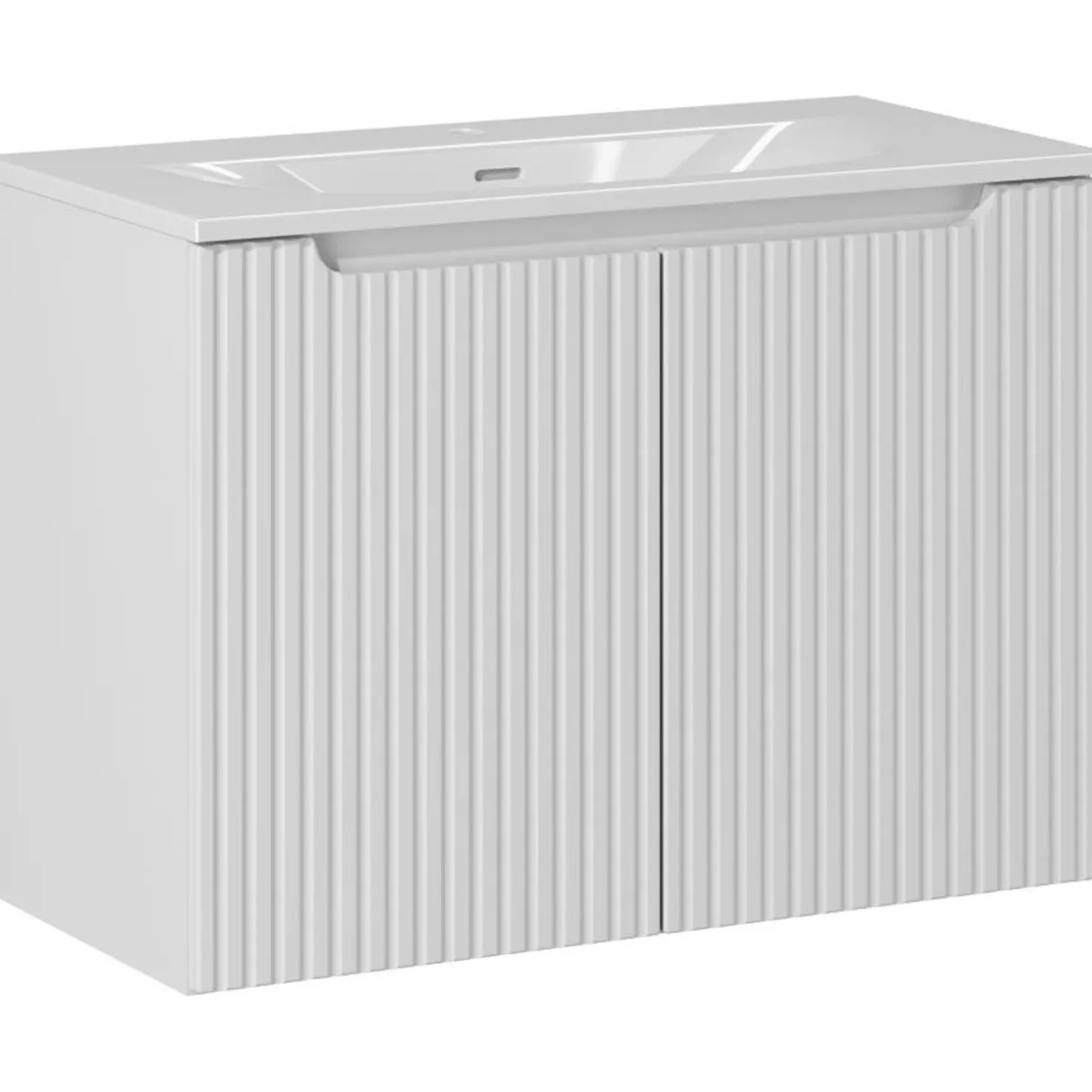 Garnero Arredamenti Mobile bagno sospeso cannettato 80cm con lavabo, colonna e 3 pensili bianco rovere Cleany