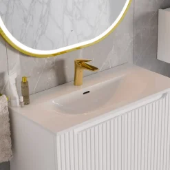 Garnero Arredamenti Mobile bagno sospeso cannettato 80cm con lavabo, colonna e 3 pensili bianco rovere Cleany