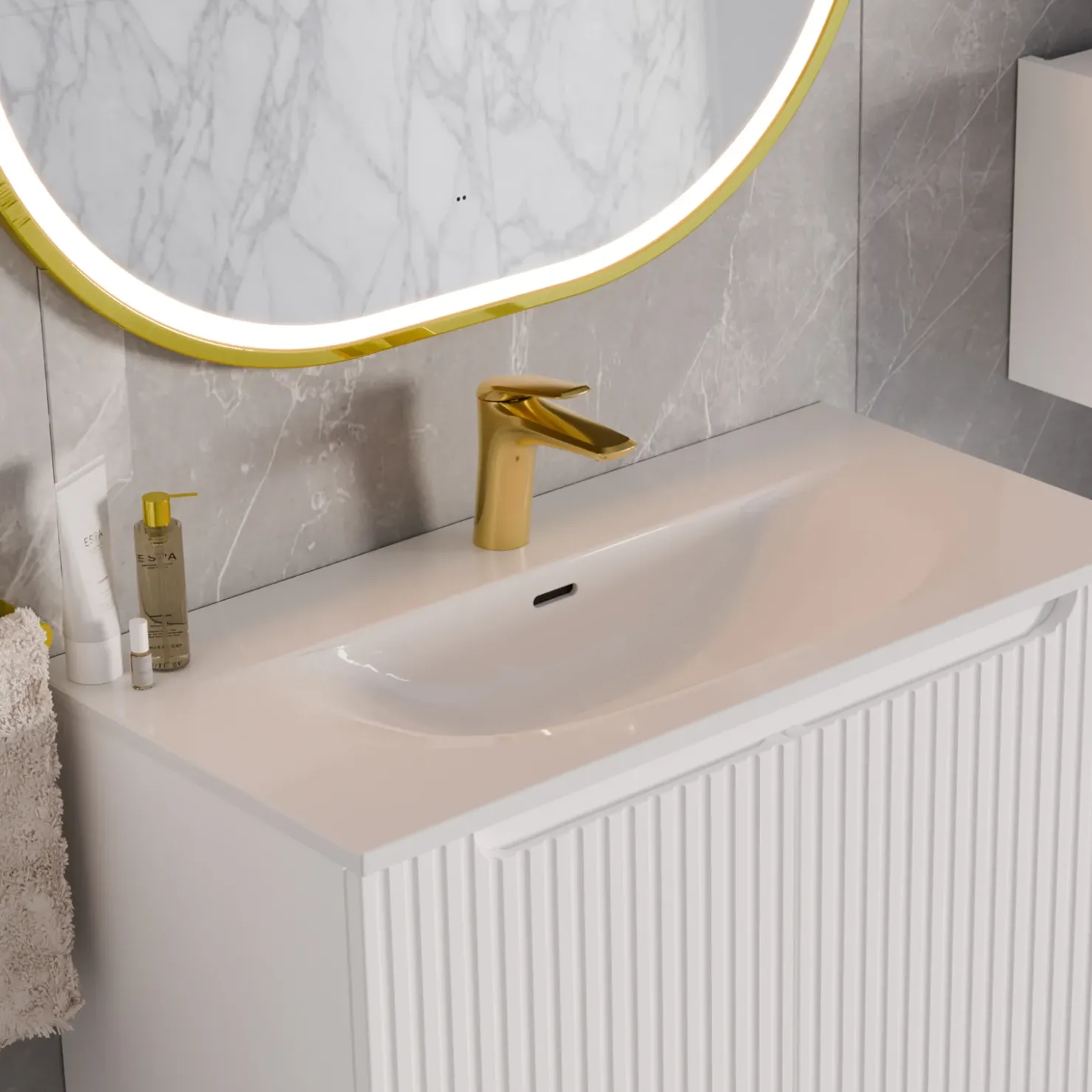 Garnero Arredamenti Mobile bagno sospeso cannettato 80cm con lavabo, colonna e 3 pensili bianco rovere Cleany