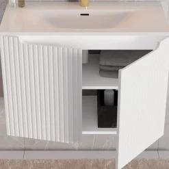 Garnero Arredamenti Mobile bagno sospeso cannettato 80cm con lavabo, colonna e 3 pensili bianco rovere Cleany