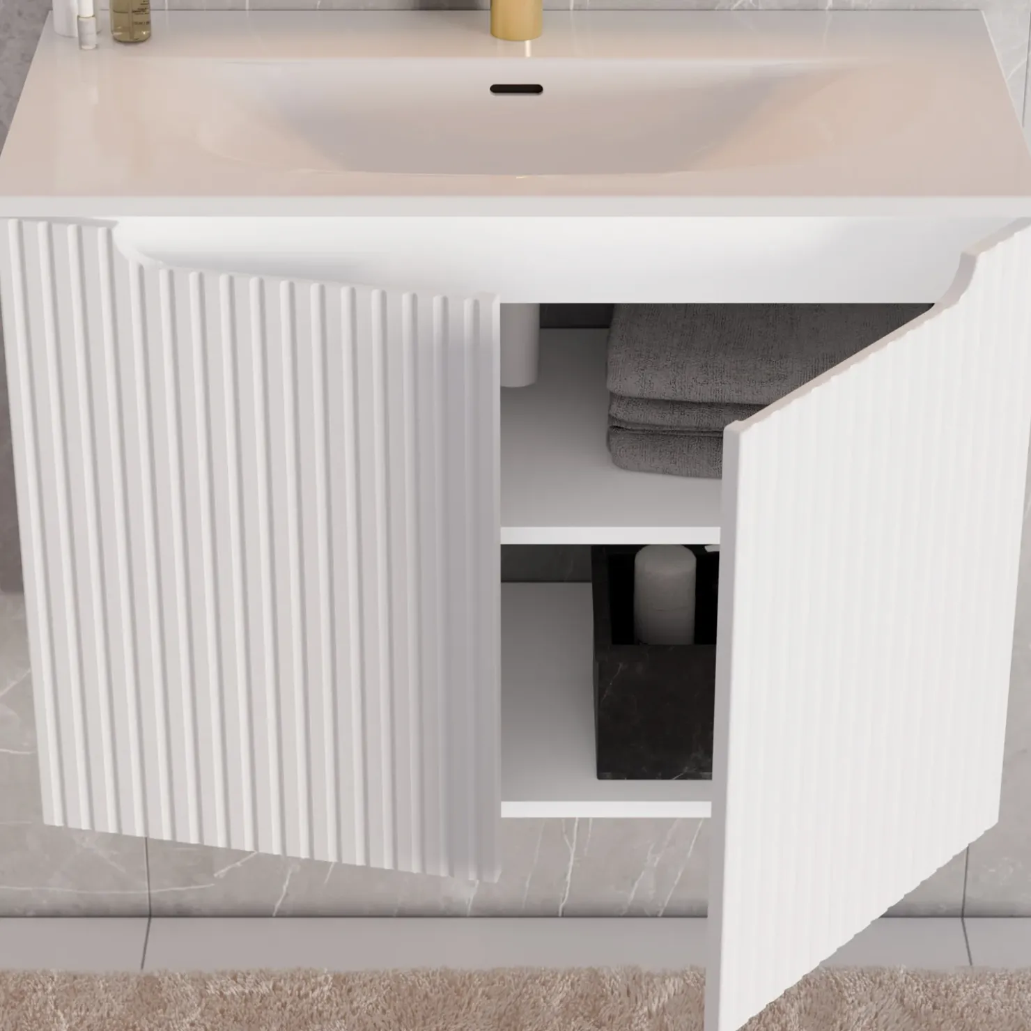 Garnero Arredamenti Mobile bagno sospeso cannettato 80cm con lavabo, colonna e 3 pensili bianco rovere Cleany