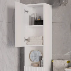 Garnero Arredamenti Mobile bagno sospeso cannettato 80cm con lavabo, colonna e 3 pensili bianco rovere Cleany