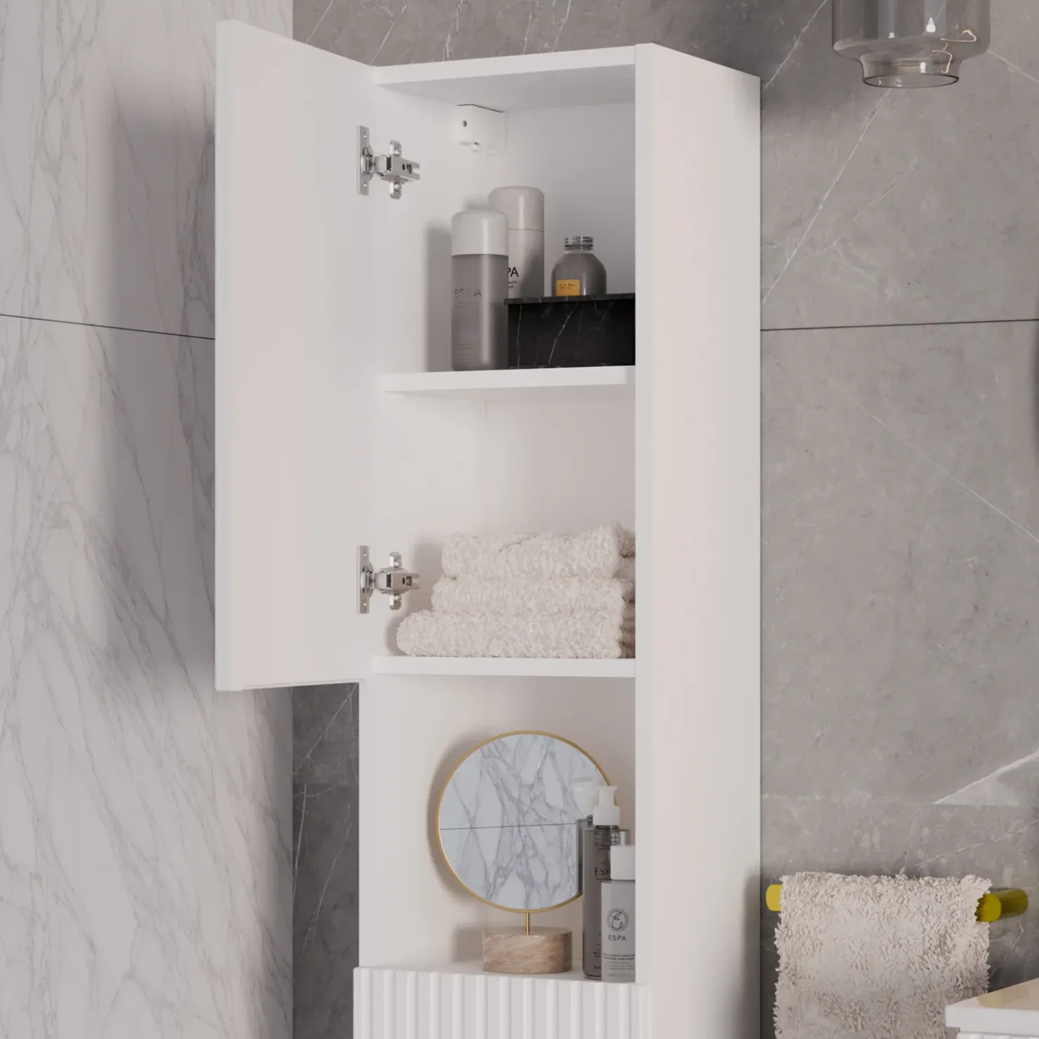Garnero Arredamenti Mobile bagno sospeso cannettato 80cm con lavabo, colonna e 3 pensili bianco rovere Cleany