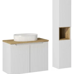 Garnero Arredamenti Mobile bagno sospeso cannettato 80cm con lavabo e colonna bianco rovere Cleany Discount