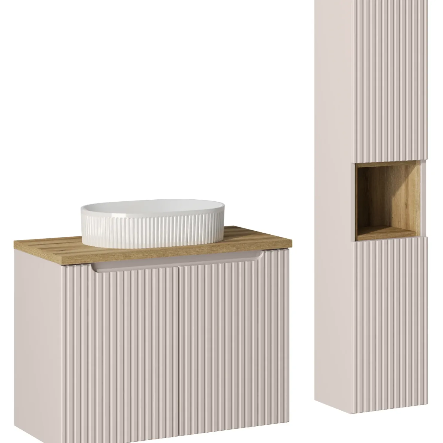 Garnero Arredamenti Mobile bagno sospeso cannettato 80cm con lavabo e colonna beige rovere Cleany Best