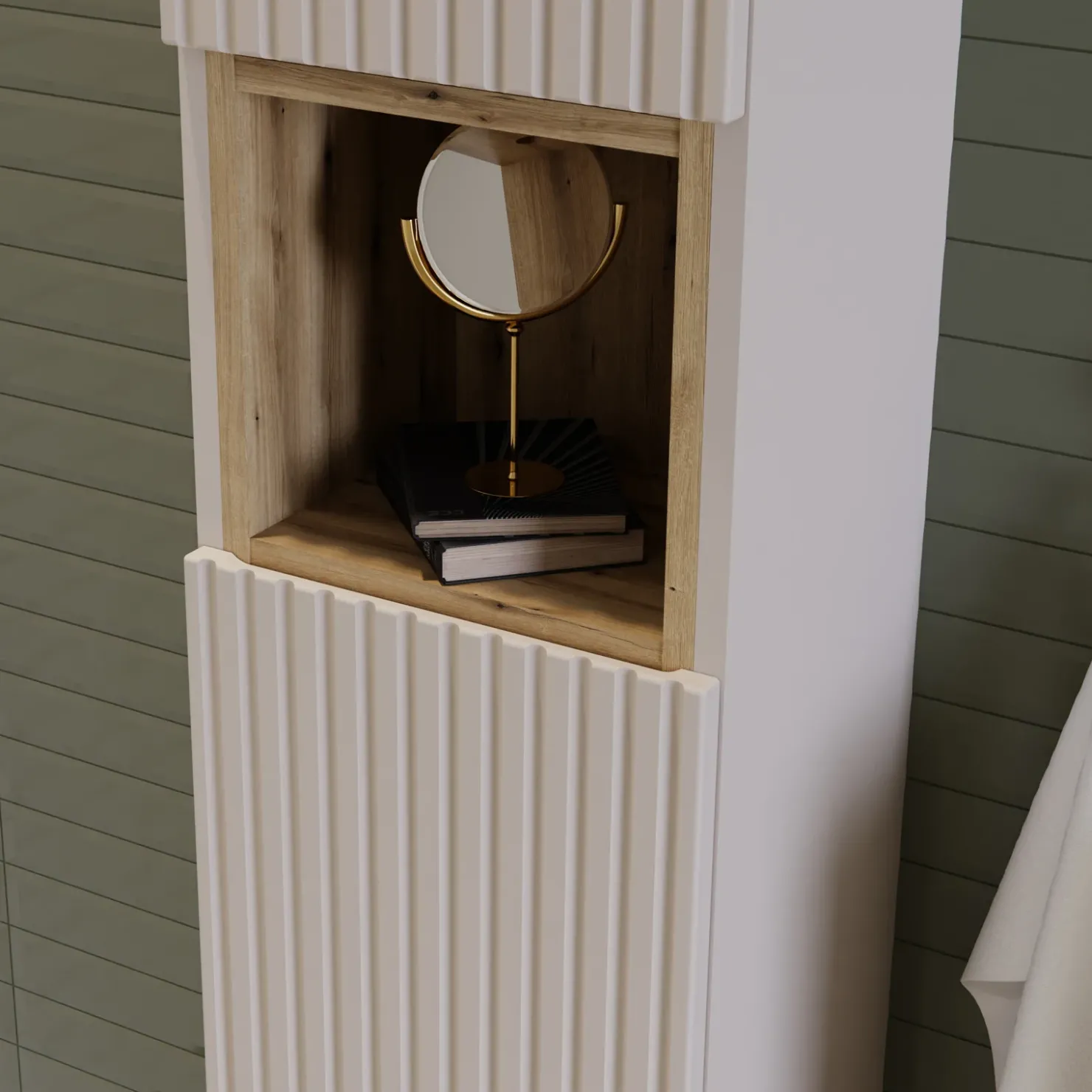 Garnero Arredamenti Mobile bagno sospeso cannettato 80cm con lavabo e colonna beige rovere Cleany Best