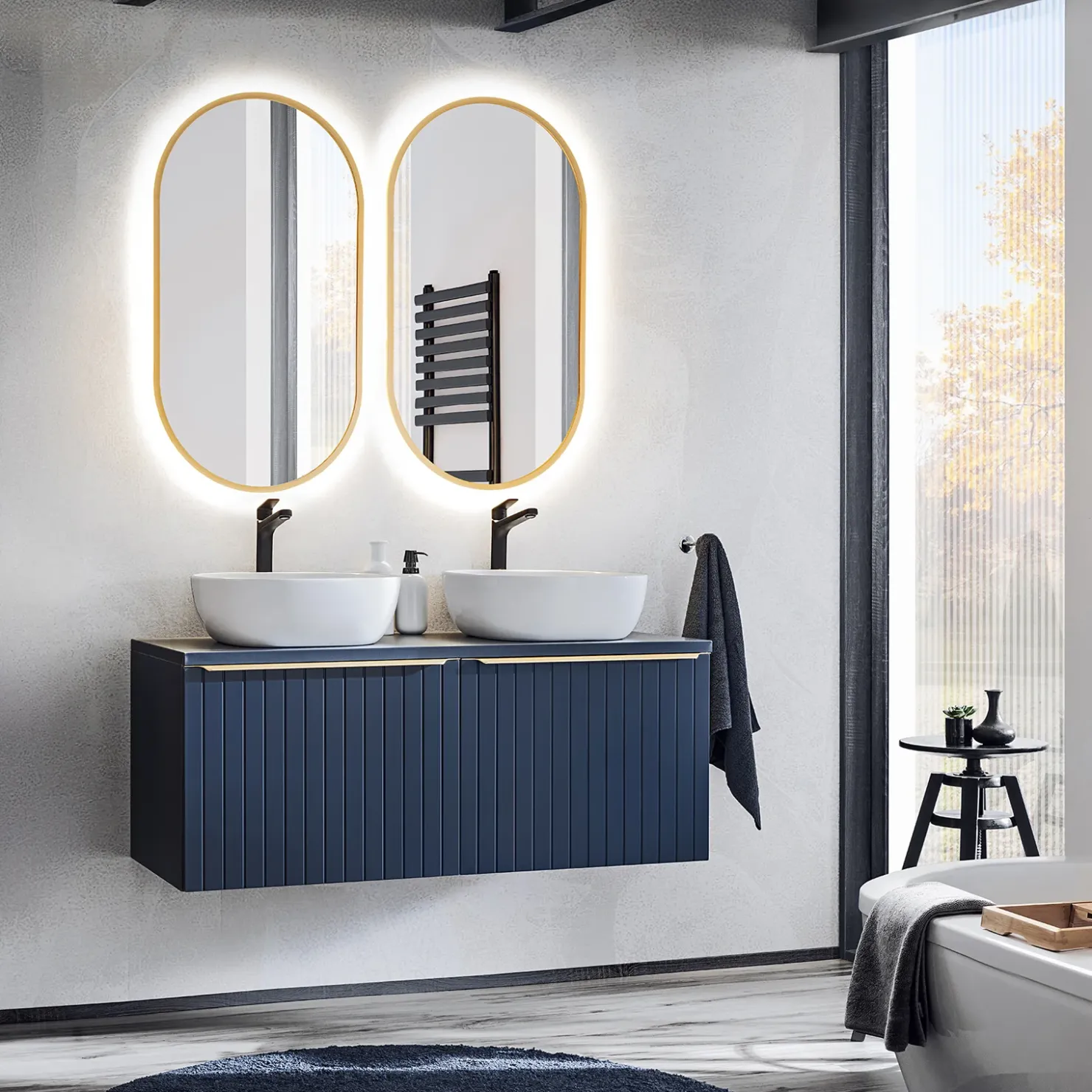 Garnero Arredamenti Mobile bagno sospeso 120cm 2 cassettoni e 2 cassetti attrezzati cannettato blu Deep Discount