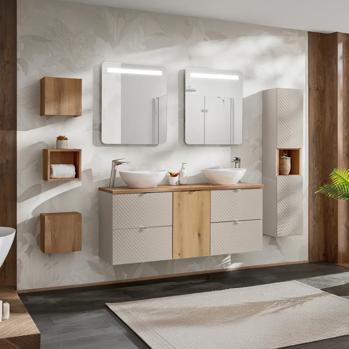 Garnero Arredamenti Mobile bagno sospeso 160cm 4 cassetti e portabiancheria beige cashmere Neutry Hot