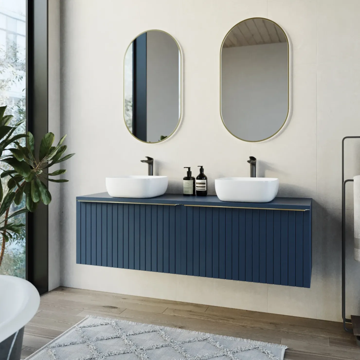 Garnero Arredamenti Mobile bagno sospeso 160cm 2 cassettoni e 2 cassetti attrezzati cannettato blu Deep Outlet