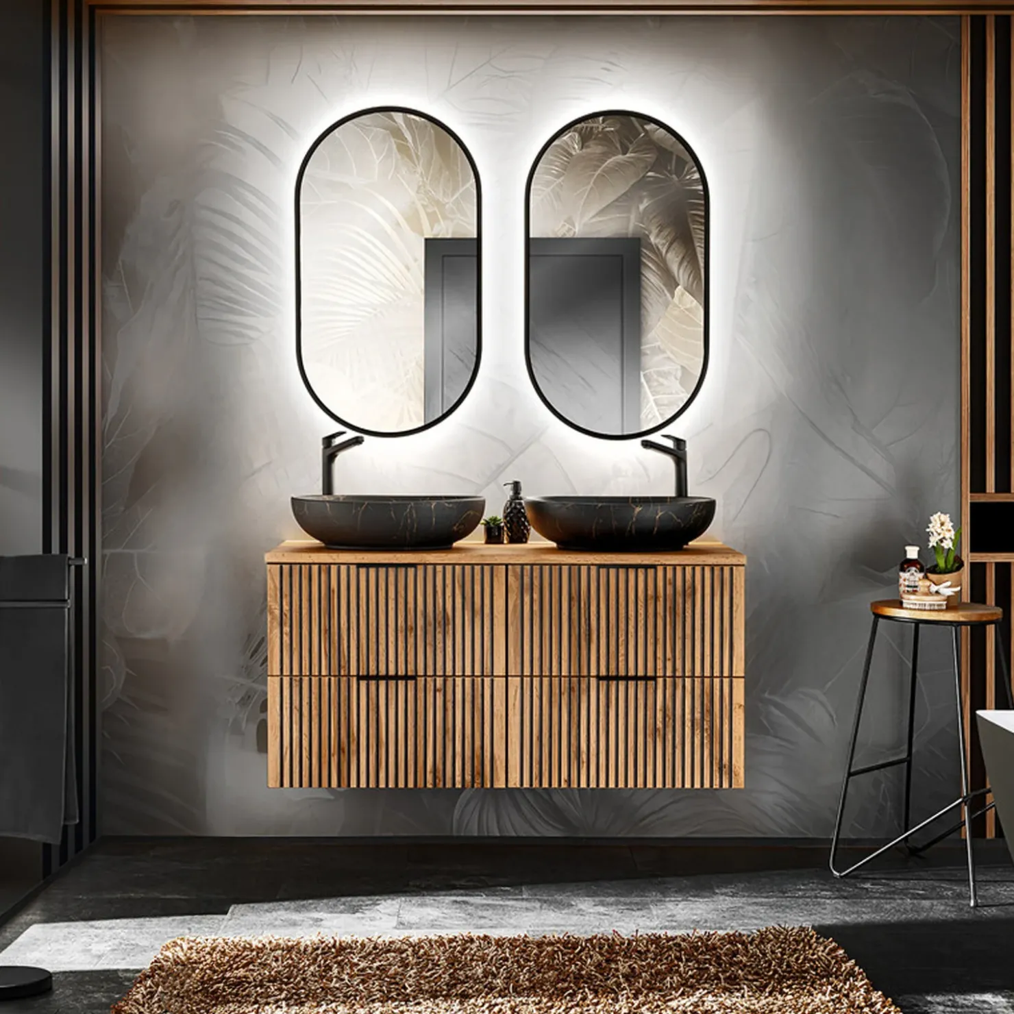 Garnero Arredamenti Mobile bagno sospeso 120cm 4 cassetti cannettato quercia antracite Limpid Sale