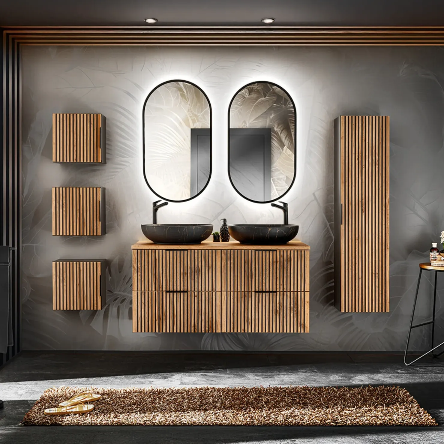 Garnero Arredamenti Mobile bagno sospeso 120cm 4 cassetti cannettato quercia antracite Limpid Sale