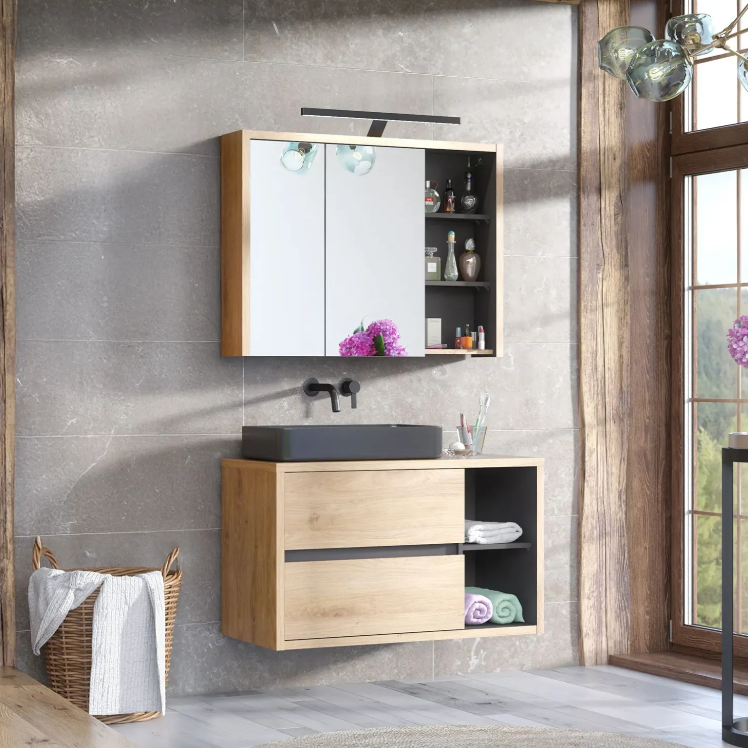 Garnero Arredamenti Mobile bagno sospeso 100cm 2 cassetti rovere antracite Veny Online