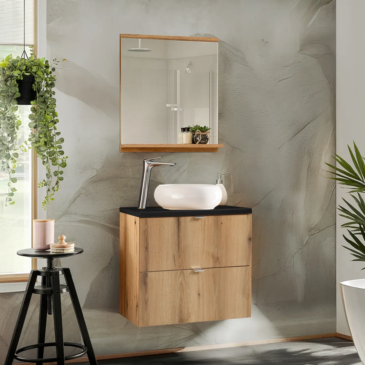 Garnero Arredamenti Mobile bagno sospeso 60cm 2 cassetti rovere nero Rovery Rovere - Nero Best