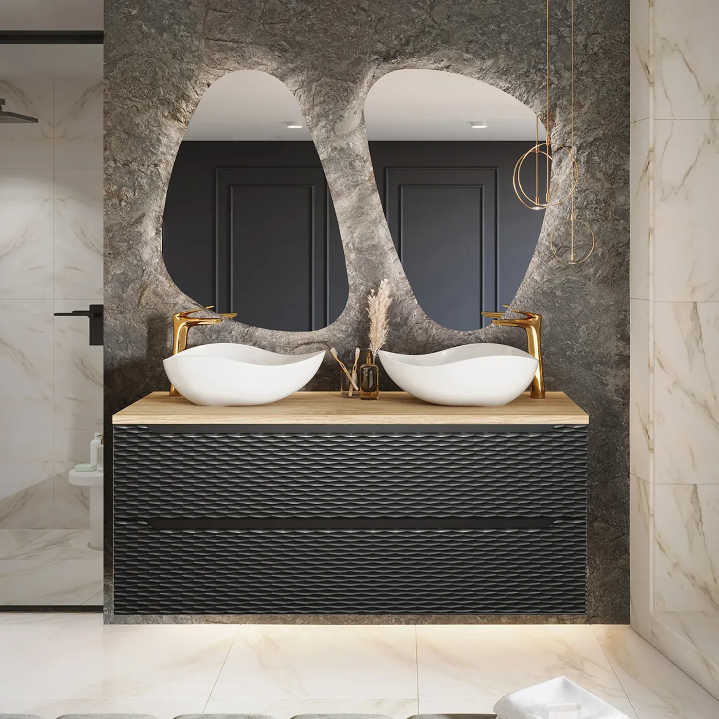 Garnero Arredamenti Mobile bagno sospeso 120cm 2 cassetti nero rovere Swim Nero - Rovere Clearance