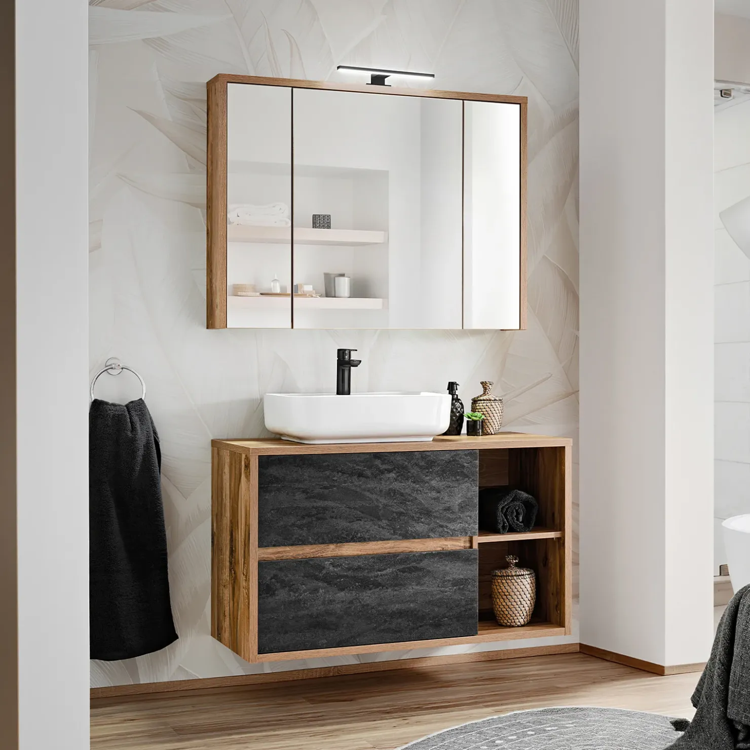 Garnero Arredamenti Mobile bagno sospeso 100cm 2 cassetti rovere antracite Stony