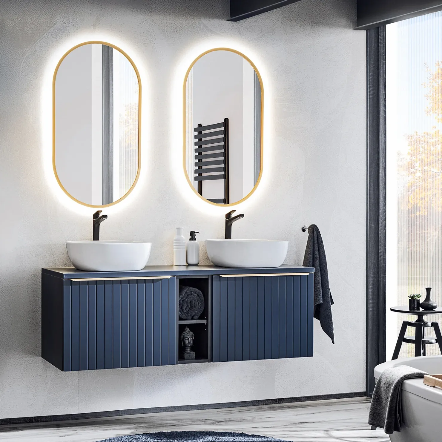 Garnero Arredamenti Mobile bagno sospeso 180cm 2 cassettoni e 2 cassetti attrezzati cannettato blu Deep Discount