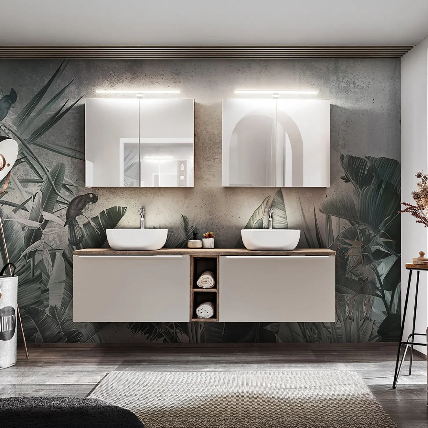 Garnero Arredamenti Mobile bagno sospeso 180cm 2 cassettoni e 2 cassetti attrezzati e 2 vani grigio quercia Serif