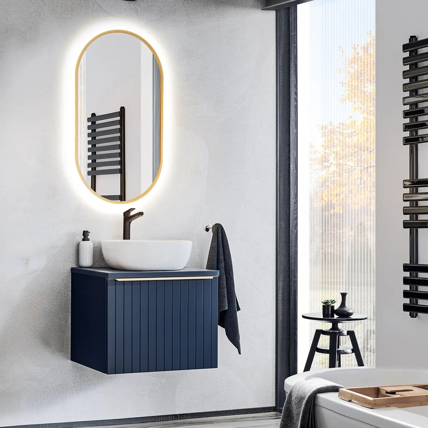 Garnero Arredamenti Mobile bagno sospeso 80cm 1 cassettone e 1 cassetto attrezzato cannettato blu Deep Sale