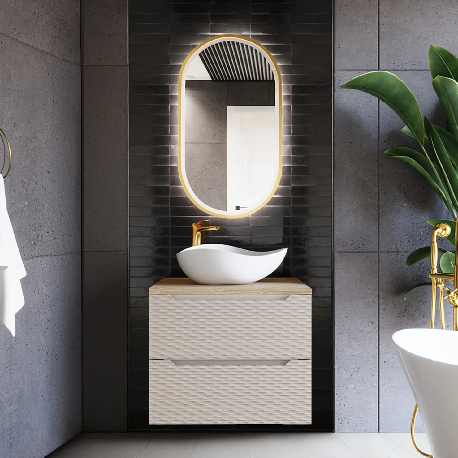 Garnero Arredamenti Mobile bagno sospeso 60cm 2 cassetti beige rovere Swim Beige - Rovere New