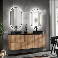 Garnero Arredamenti Mobile bagno sospeso 140cm 4 cassetti e portabiancheria rovere nero Rovery Rovere - Nero